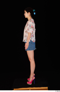  Lady Dee blossom top blue jeans skirt pink high heels standing whole body 0011.jpg